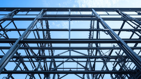 A massive industrial warehouse structure being assembled with steel beams.の素材