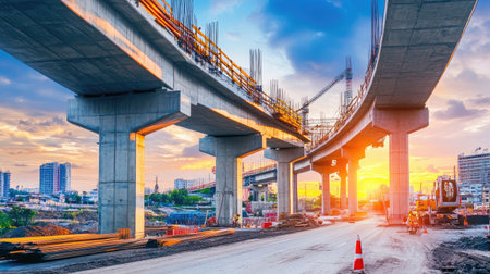 A modern highway overpass being built with massive concrete pillars.の素材
