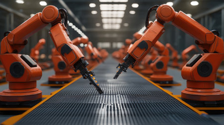 A modern robotic assembly line with automated arms working in perfect synchronization.の素材
