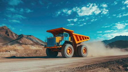 A giant dump truck loaded with gravel driving through a dusty quarry.の素材