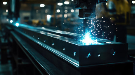 A close-up of industrial-grade steel columns being welded into place.の素材