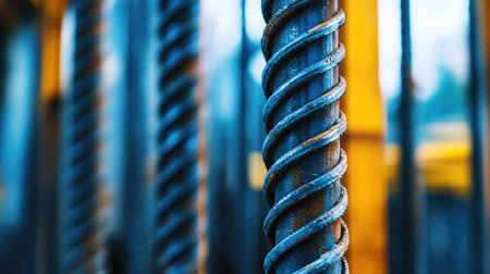 A close-up of steel reinforcements being placed for an industrial plant foundation.の素材