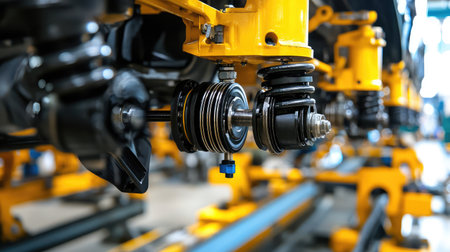 A detailed image of car suspension components in an assembly plant.の素材