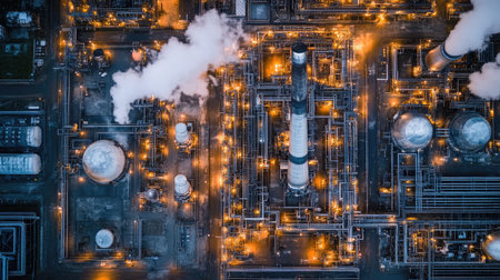 A drone view of an oil refinery with massive chimneys emitting steam.の素材