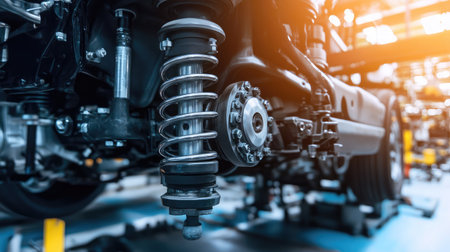A detailed image of car suspension components in an assembly plant.の素材
