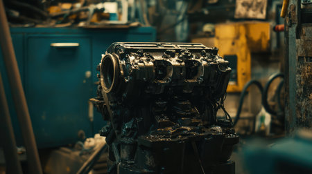 A detailed shot of a car engine block being machined in an industrial facility.の素材