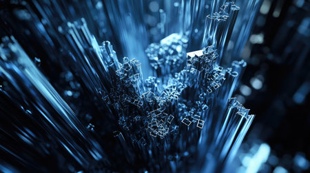 A high-resolution close-up of steel reinforcement bars stacked in a factory.の素材