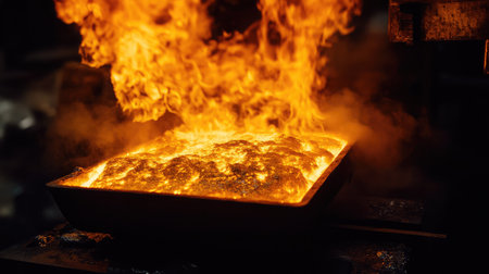 A steel smelting furnace with intense orange and yellow flames.の素材