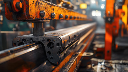 A powerful mechanical press bending a thick steel sheet with precision.の素材