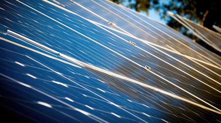 A close-up of solar panel surfaces reflecting sunlight efficiently.の素材