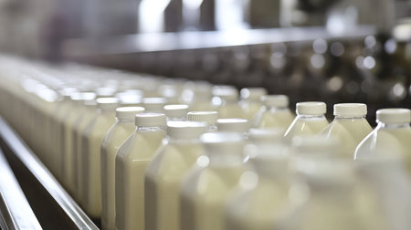 A dairy bottling plant with rows of milk cartons being processed.の素材