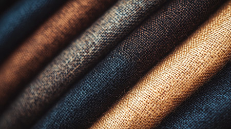 A close-up of sustainable hemp fabric texture with rich, earthy tones.の素材