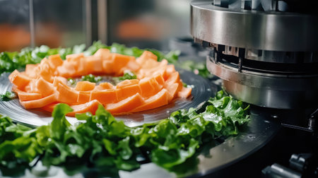 A close-up of an industrial food slicer cutting fresh vegetables with precision.の素材