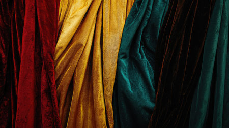 A collection of luxurious velvet fabric swatches in rich jewel tones.の素材