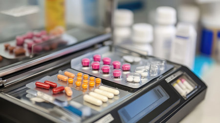 A close-up of a precision scale measuring active pharmaceutical ingredients.の素材