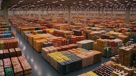 A food warehouse filled with neatly stacked pallets of packaged goods.の素材