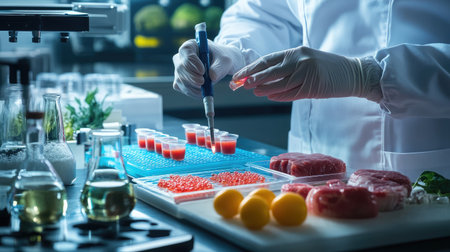 A detailed view of a high-tech food lab testing nutritional content in samples.の素材