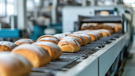 A fully automated bread factory with loaves neatly aligned on cooling racks.の素材