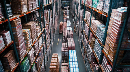 A food warehouse filled with neatly stacked pallets of packaged goods.の素材