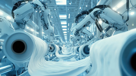 A futuristic textile factory with robotic arms moving fabric rolls.の素材