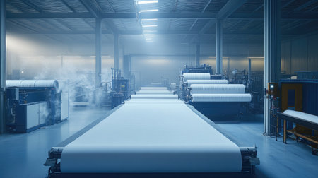A futuristic smart textile factory with automated quality control systems.の素材