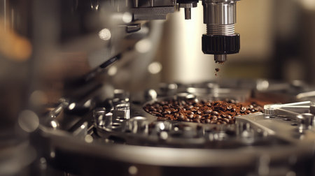 A high-speed coffee packaging machine sealing freshly ground coffee beans.の素材