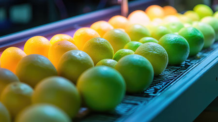 A high-tech food sorting machine separating fresh fruits by size and color.の素材