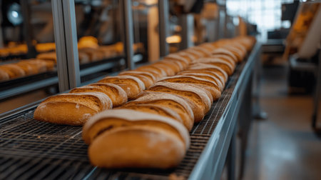 A large-scale bakery production line with freshly baked bread moving on a conveyor.の素材