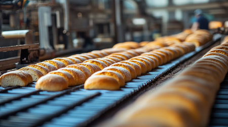 A large-scale bakery production line with freshly baked bread moving on a conveyor.の素材