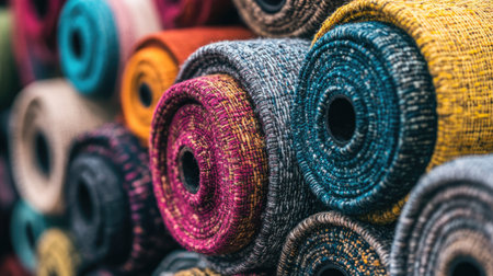 A row of colorful handwoven textile rolls stacked neatly.の素材