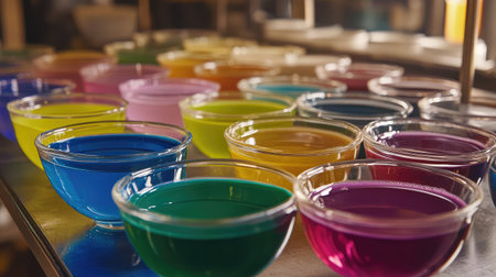 A textile dyeing process with fabric submerged in vibrant colored liquids.の素材