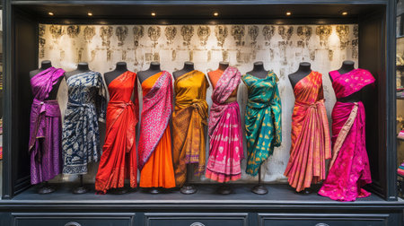 A textile showroom with vibrant fabrics elegantly draped over mannequins.の素材