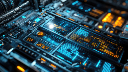 A close-up of an aircraft cockpit dashboard with illuminated digital displays.の素材