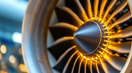 A close-up of high-speed jet engine fan blades with metallic reflections.の素材