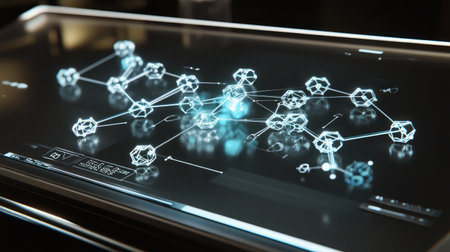 A close-up of molecular structures displayed on a futuristic pharmaceutical interface.の素材