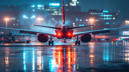 A commercial airplane taxiing on a wet runway reflecting neon airport lights.の素材