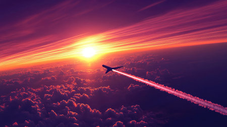 A high-altitude jet leaving a contrail against a vibrant sunset sky.の素材