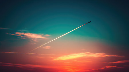 A high-altitude jet leaving a contrail against a vibrant sunset sky.の素材