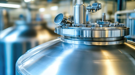 A large stainless steel industrial reactor producing liquid medicine.の素材