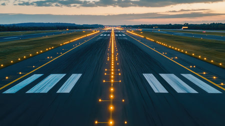 A modern airport runway with approach lights and guiding signals.の素材