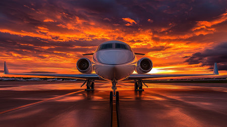 A sleek private jet parked on a runway with a dramatic sunset in the background.の素材