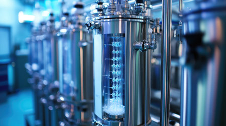 A row of biopharmaceutical fermenters growing cell cultures for drug production.の素材