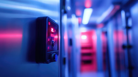 A close-up of a high-tech vaccine storage freezer with biometric security.の素材