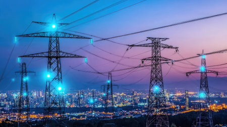 A futuristic power grid with glowing energy lines connecting cities.の素材