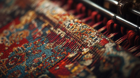 A close-up of a detailed jacquard fabric pattern woven on a loom.の素材