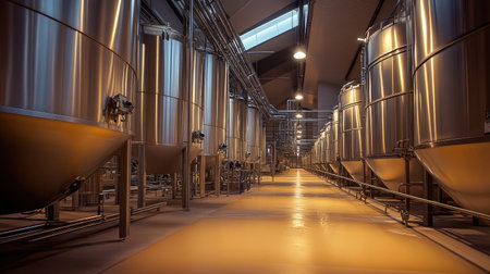 A dairy processing plant with large stainless steel milk storage tanks.の素材