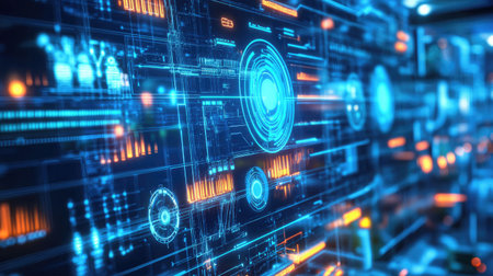 A close-up of a futuristic AI-controlled energy monitoring interface.の素材