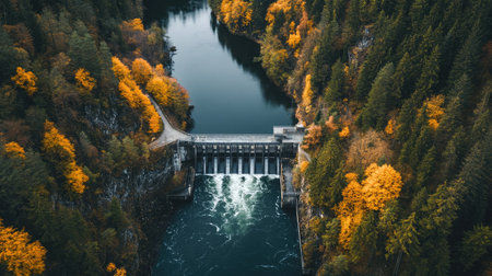 A modern hydroelectric dam generating power with rushing water below.の素材