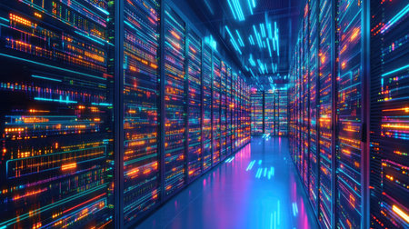 A futuristic data server farm with glowing fiber optic cables and electronic panels.の素材