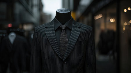 A black pinstripe suit with a subtle pattern and stylish cut.の素材